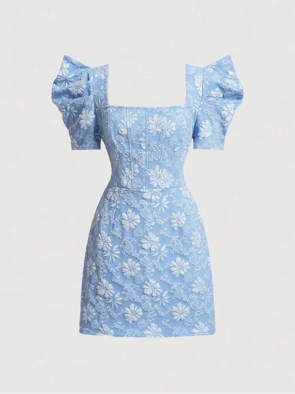 Floral Jacquard Square Neck Blue Floral Puff-Sleeve Mini Dress Size medium NWOT